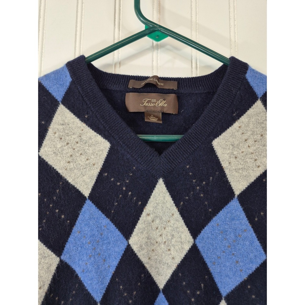 Tasso Elba Mens 100% Cashmere Argyle‎ V-Neck Sweater Navy Grey Large Preppy - Picture 3 of 9